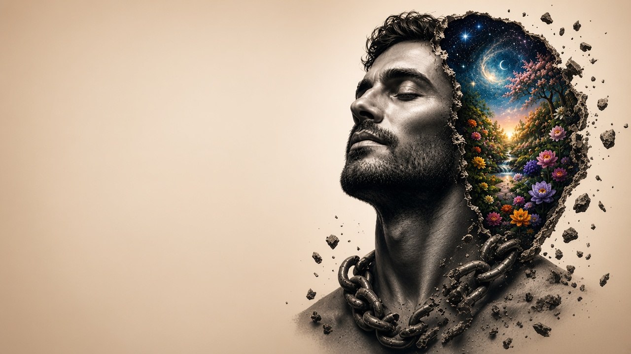 Finally Me brand art: calm face, broken chain, living world within