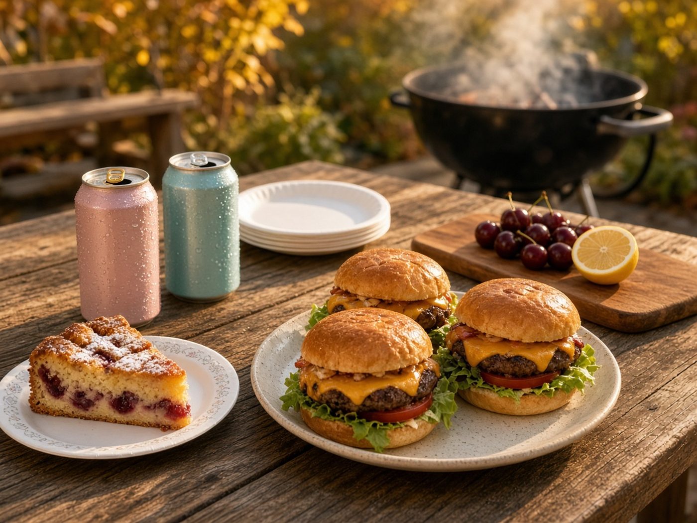 Burgers and cake on a backyard picnic table