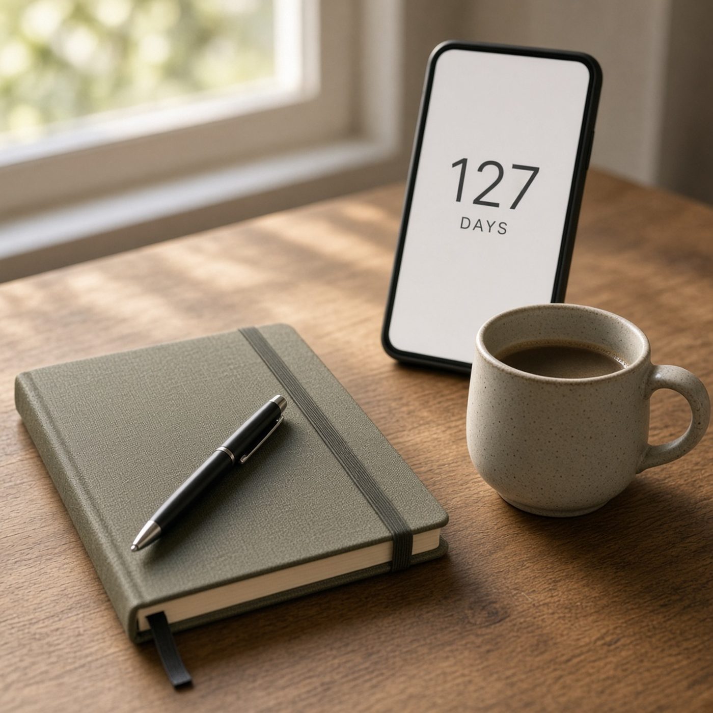 Notebook, coffee, and a phone showing day 127