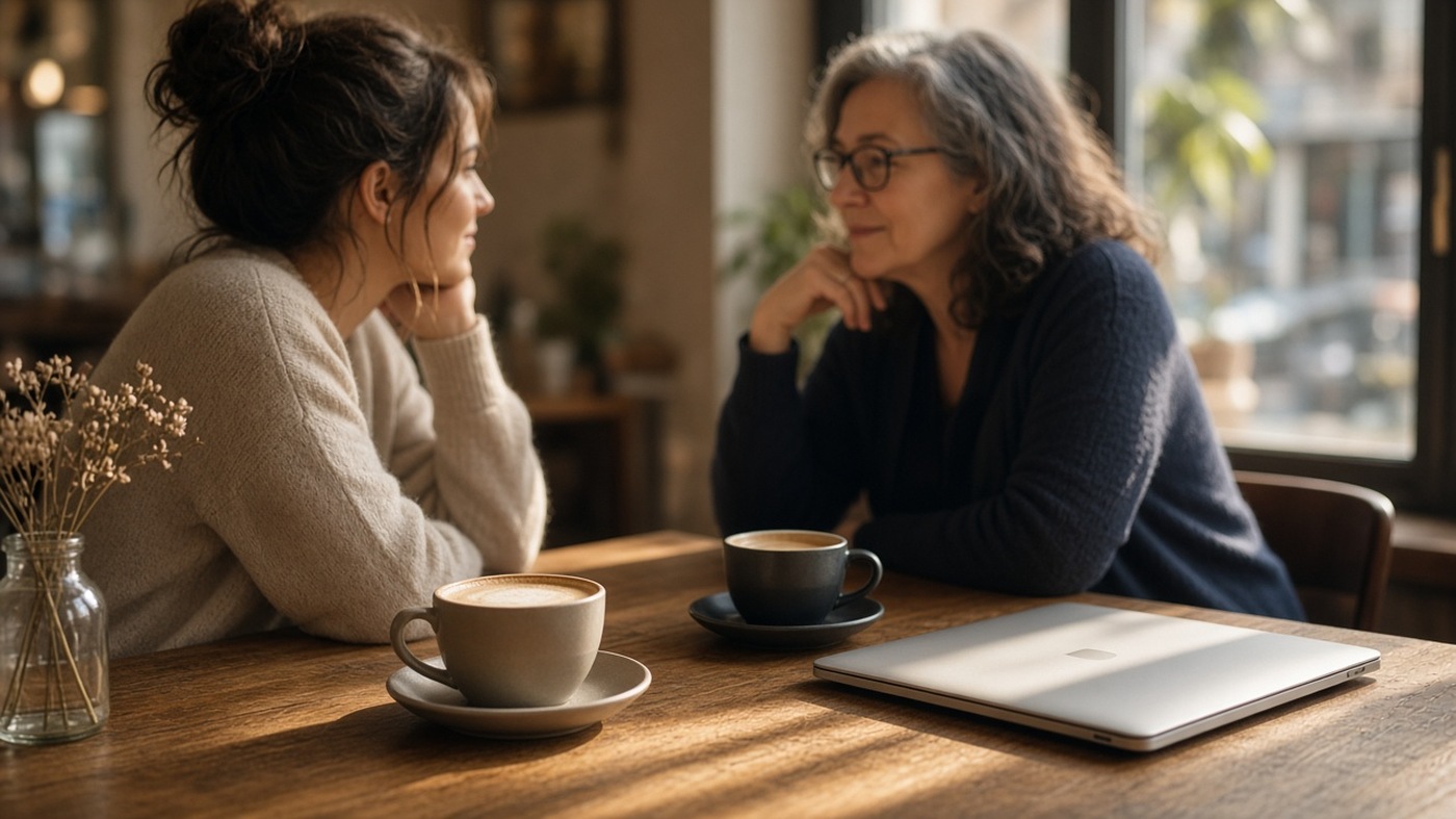 Two coffee cups on a cafe table beside a closed laptop