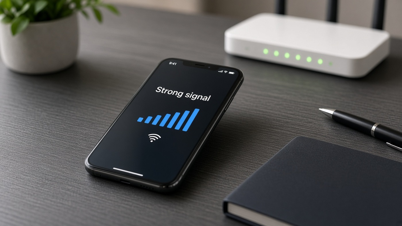 Smartphone showing strong signal bars on a desk with a router