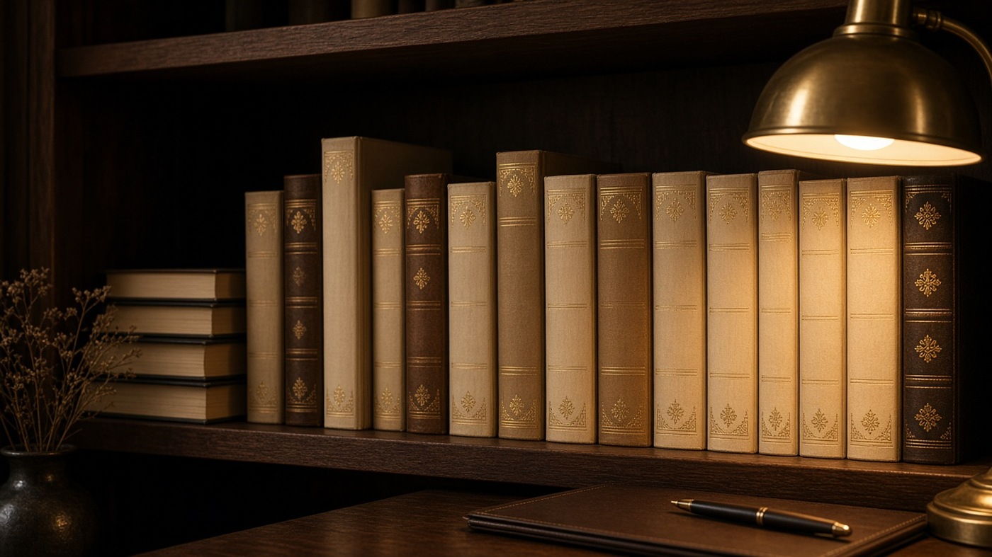 Bookshelf of finished hardcovers lit by a desk lamp