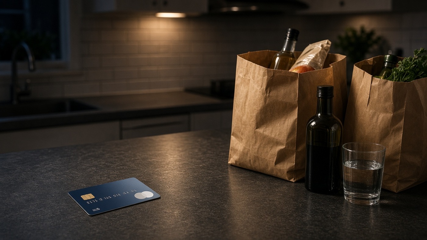 Quiet kitchen counter with a debit card beside grocery bags
