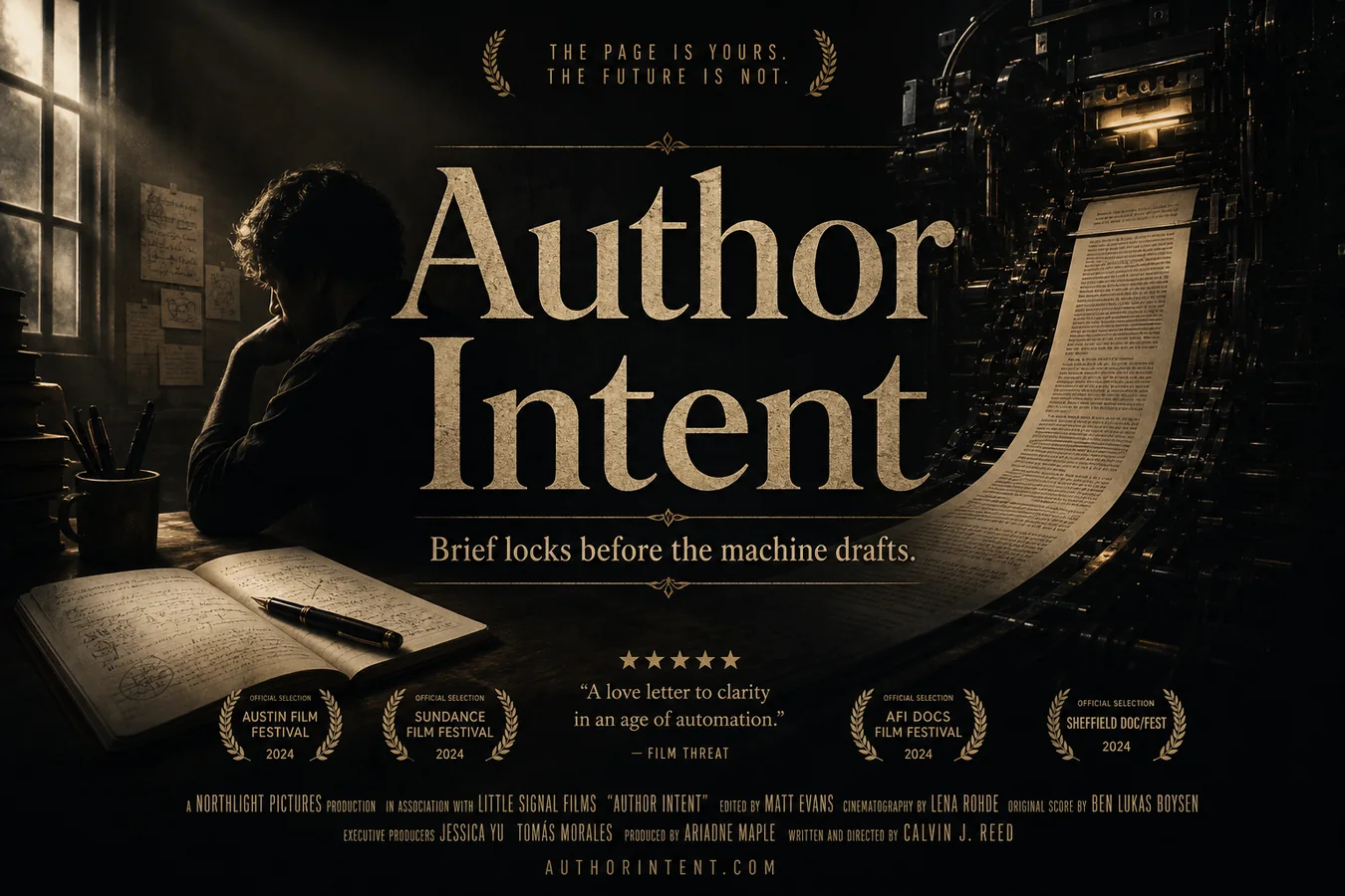 Feature card: Author Intent. Brief locks before the machine drafts.