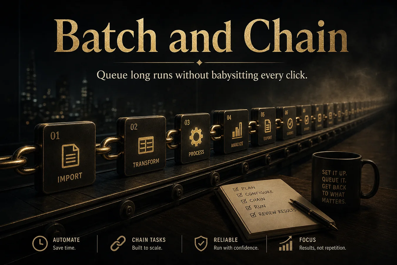 Feature card: Batch and Chain. Queue long runs without babysitting every click.