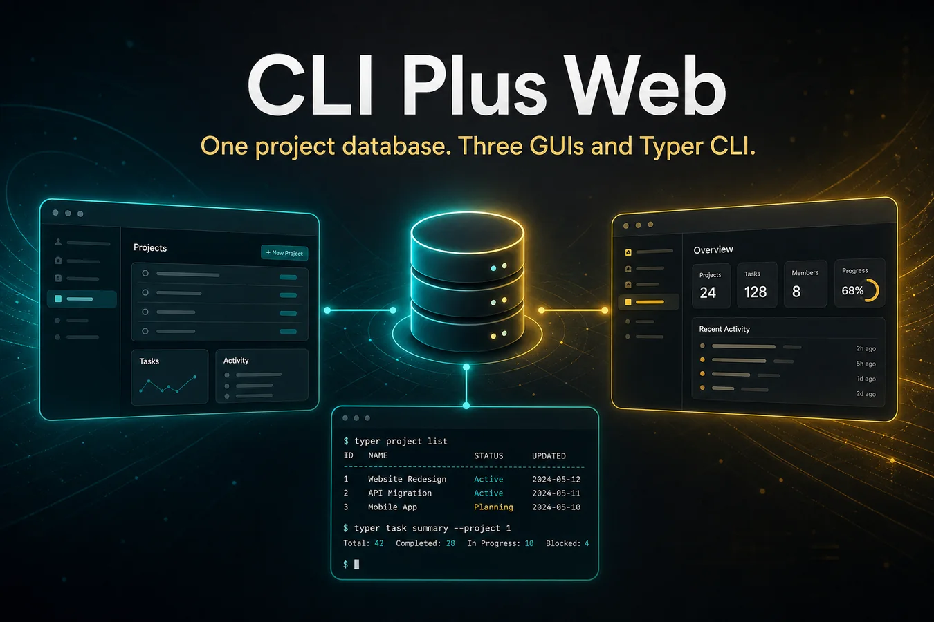 Feature card: CLI Plus Web. One project database.
