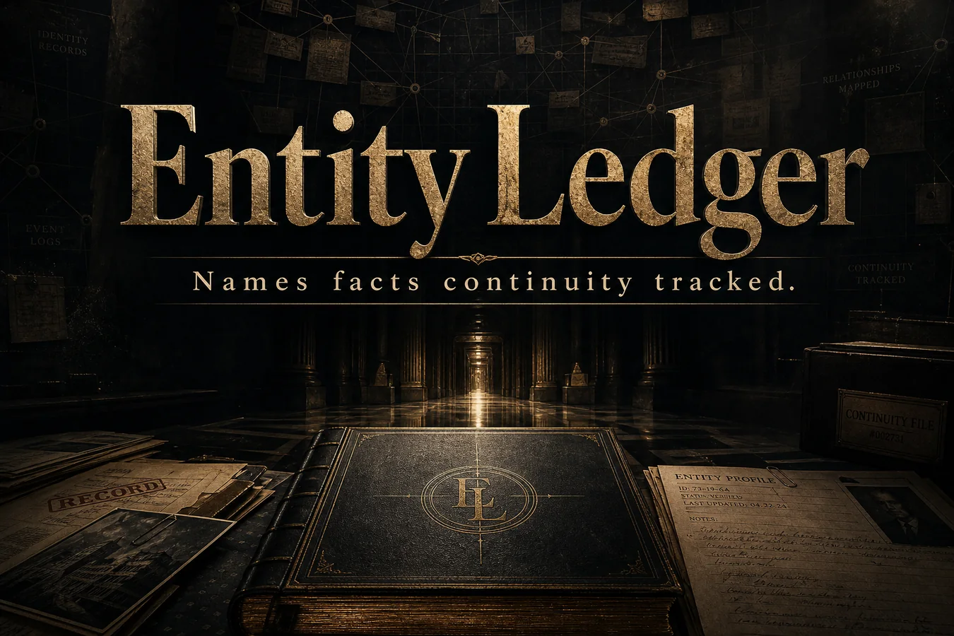 Feature card: Entity Ledger. Names facts continuity tracked.