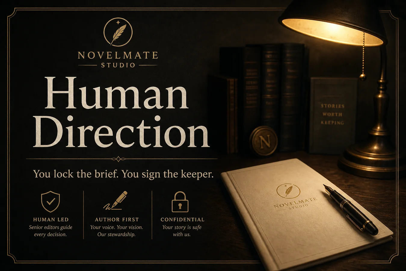 Feature card: Human Direction. You lock the brief. You sign the keeper.