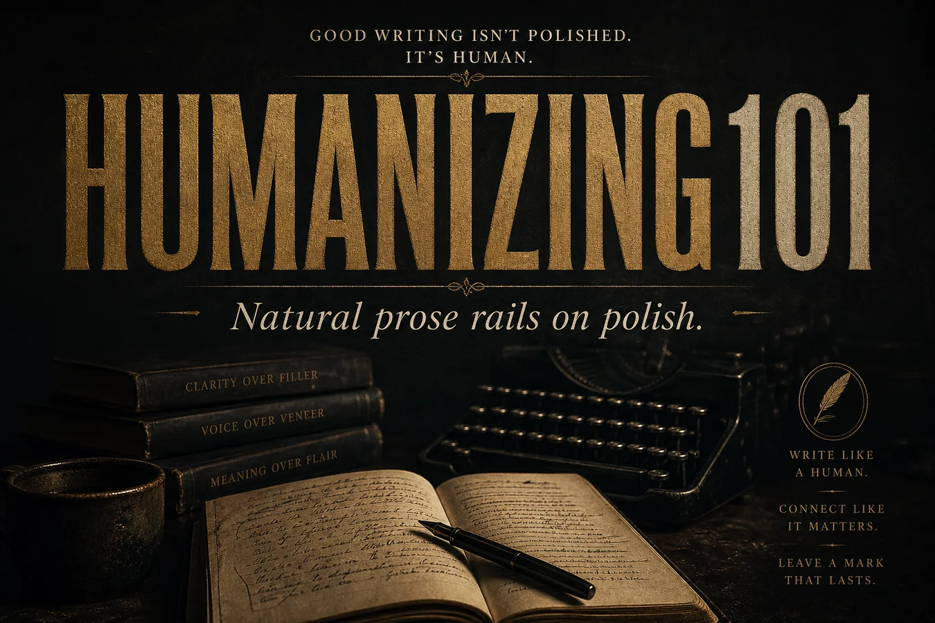 Feature card: HUMANIZING101. Natural prose rails on polish.