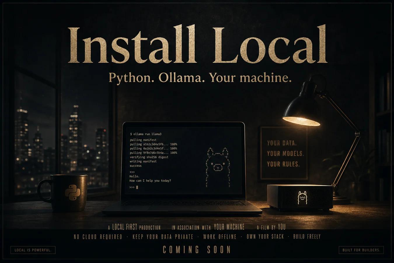 Feature card: Install Local. Python. Ollama. Your machine.