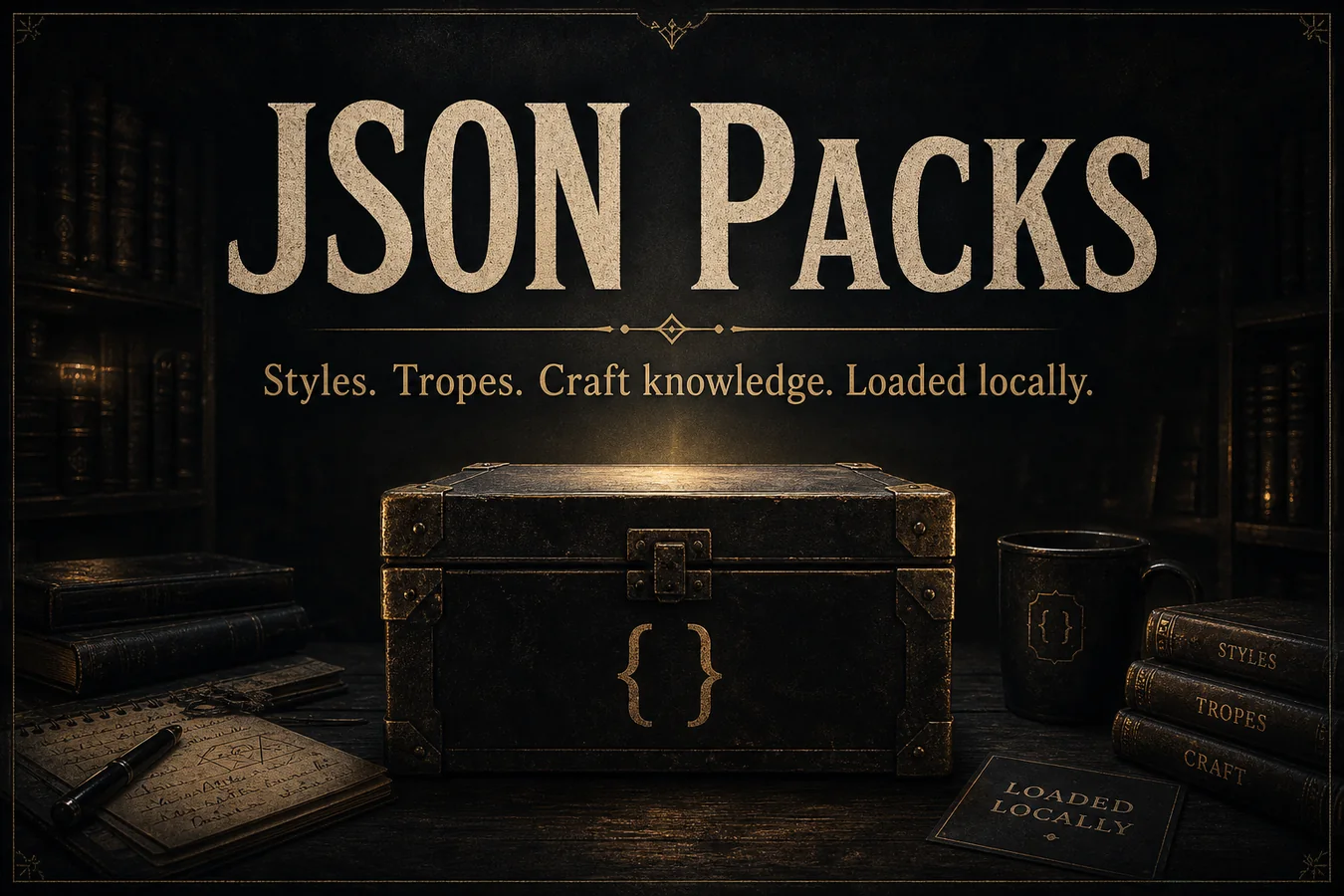Feature card: JSON Packs. Styles. Tropes. Craft knowledge. Loaded locally.
