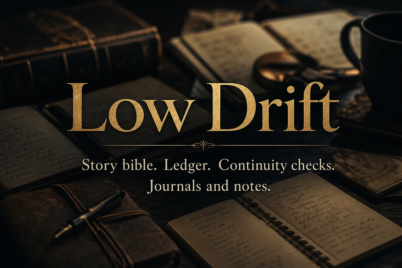 Feature card: Low Drift. Story bible. Ledger. Continuity checks.
