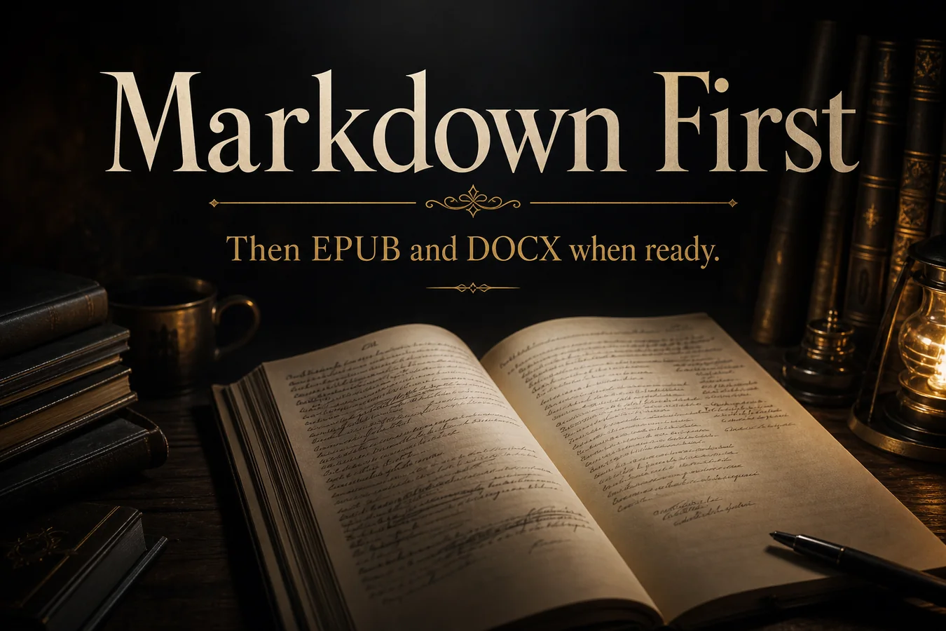 Feature card: Markdown First. Then EPUB and DOCX when ready.