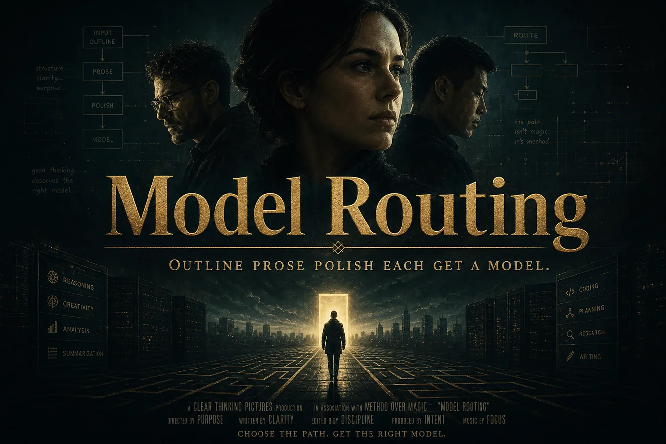 Feature card: Model Routing. Outline prose polish each get a model.