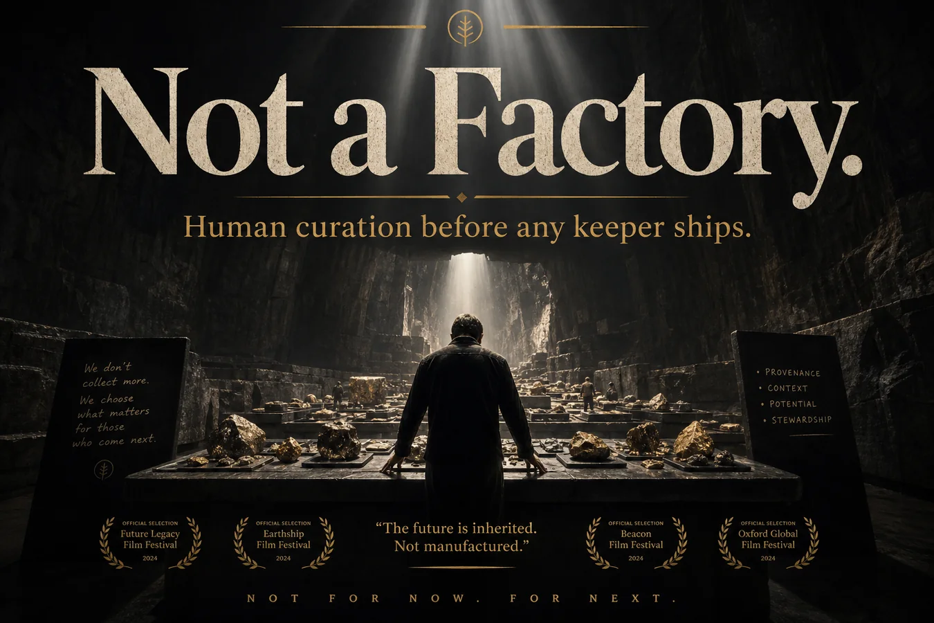 Feature card: Not a Factory. Human curation before any keeper ships.