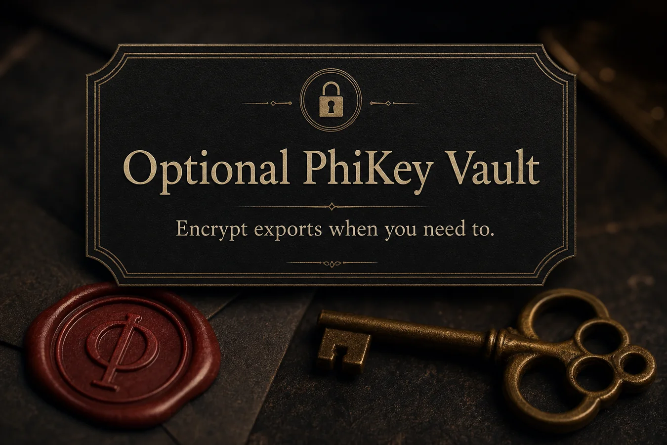 Feature card: Optional PhiKey Vault. Encrypt exports when you need to.