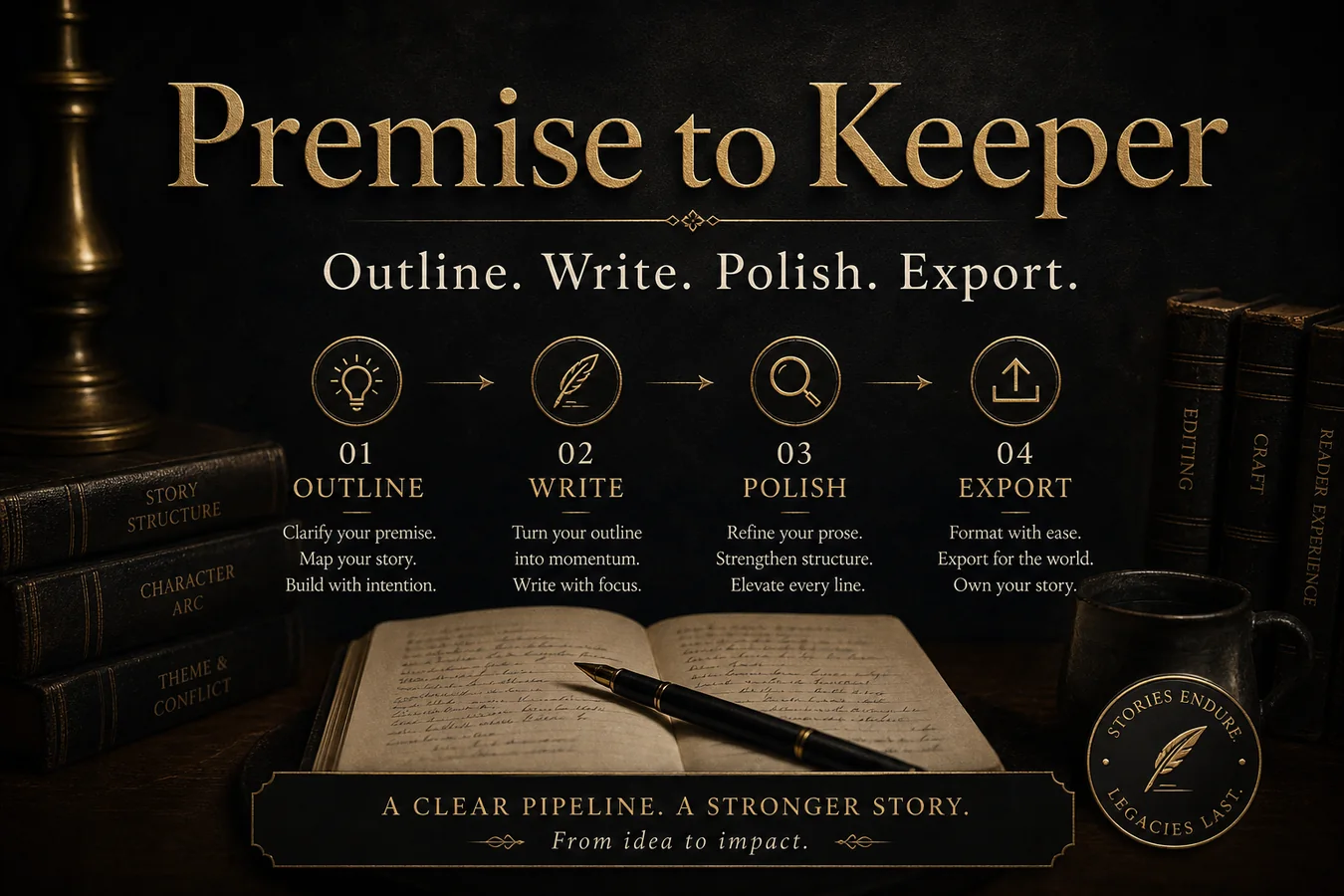 Feature card: Premise to Keeper. Outline. Write. Polish. Export.
