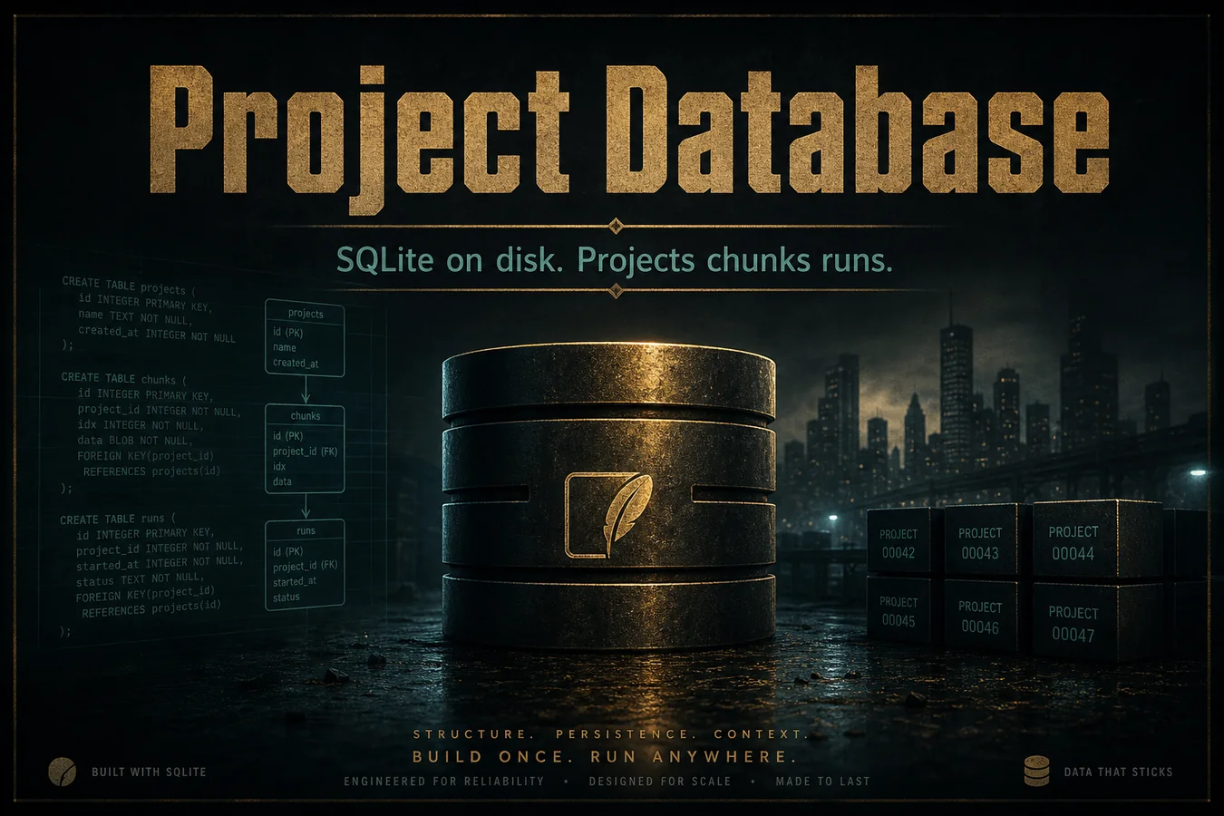 Feature card: Project Database. SQLite on disk. Projects chunks runs.