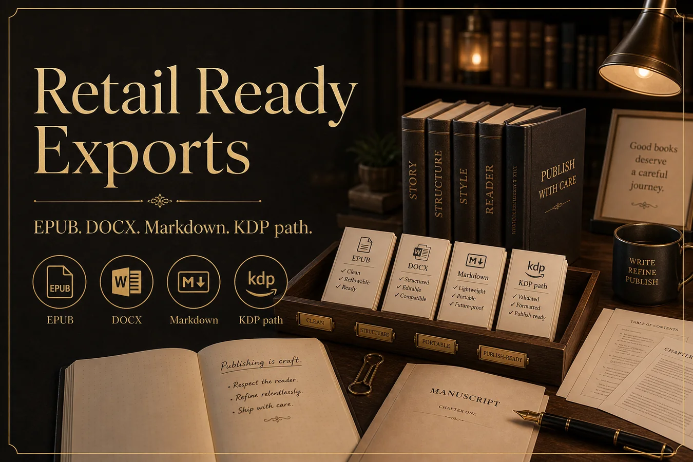 Feature card: Retail Ready Exports. EPUB. DOCX. Markdown. KDP path.