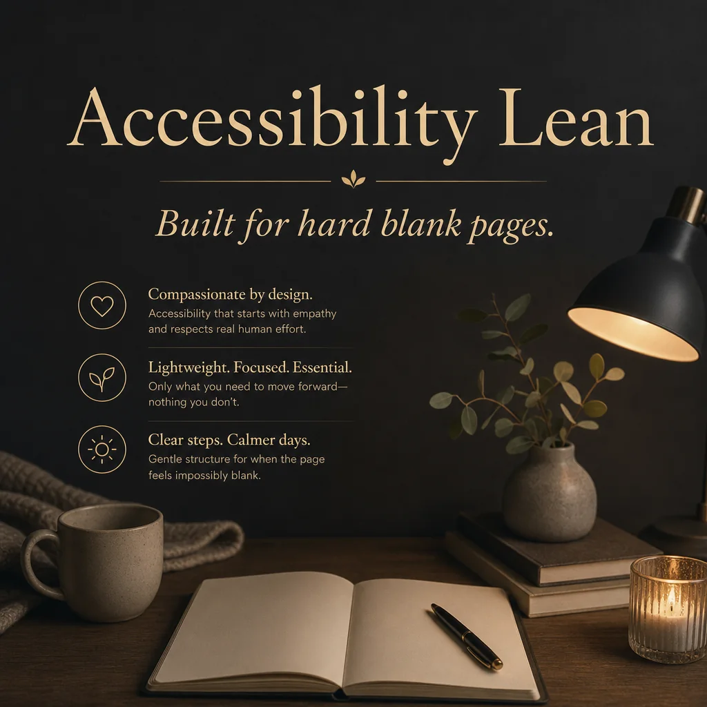 Square feature card: Accessibility Lean. Built for hard blank pages.