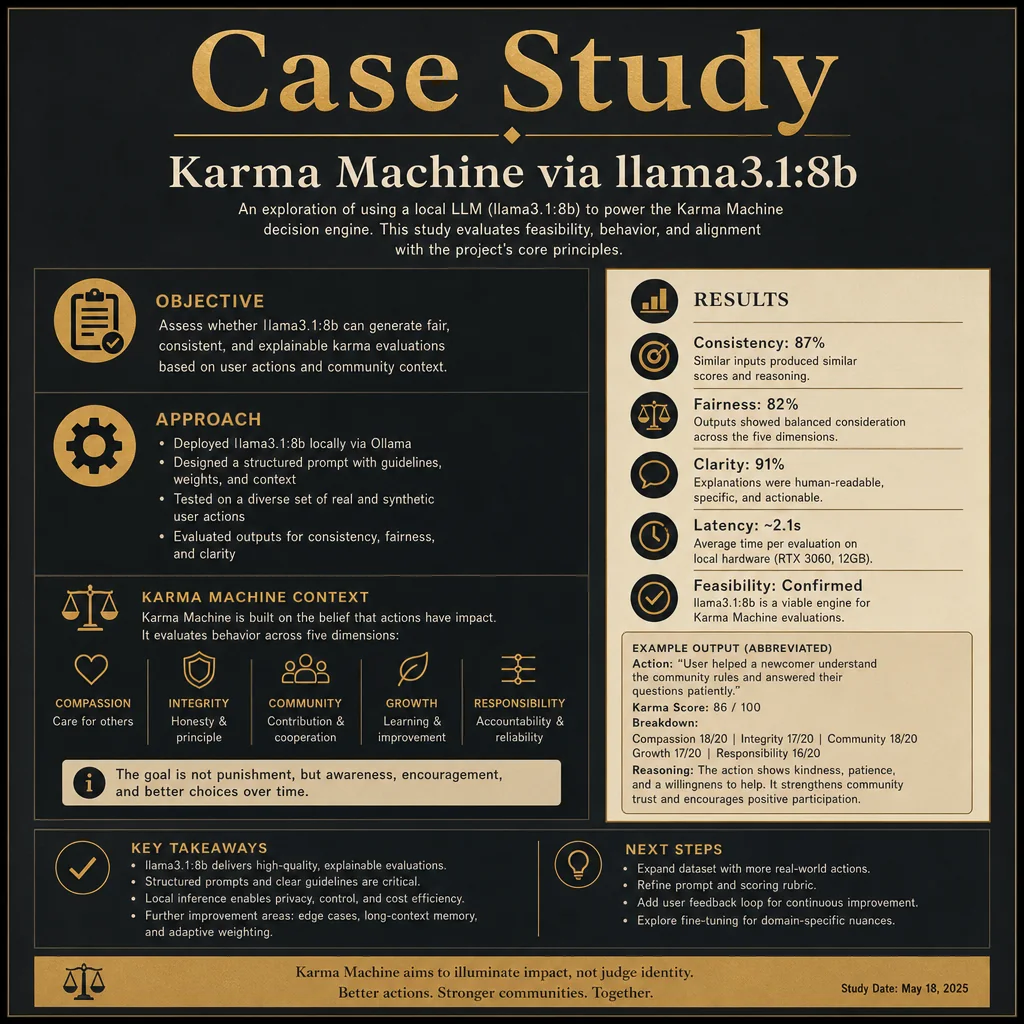 Square feature card: Case Study. Karma Machine via llama3.1:8b.