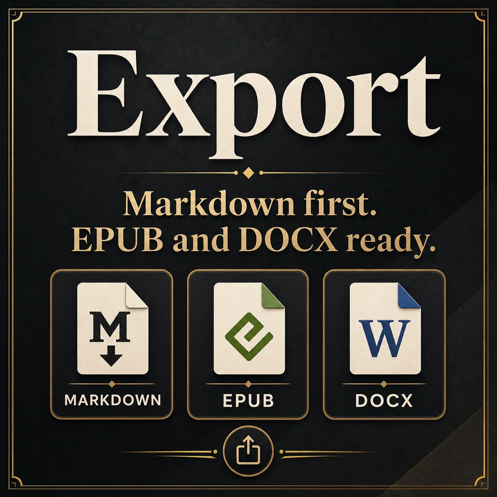 Square feature card: Export. Markdown first. EPUB and DOCX ready.