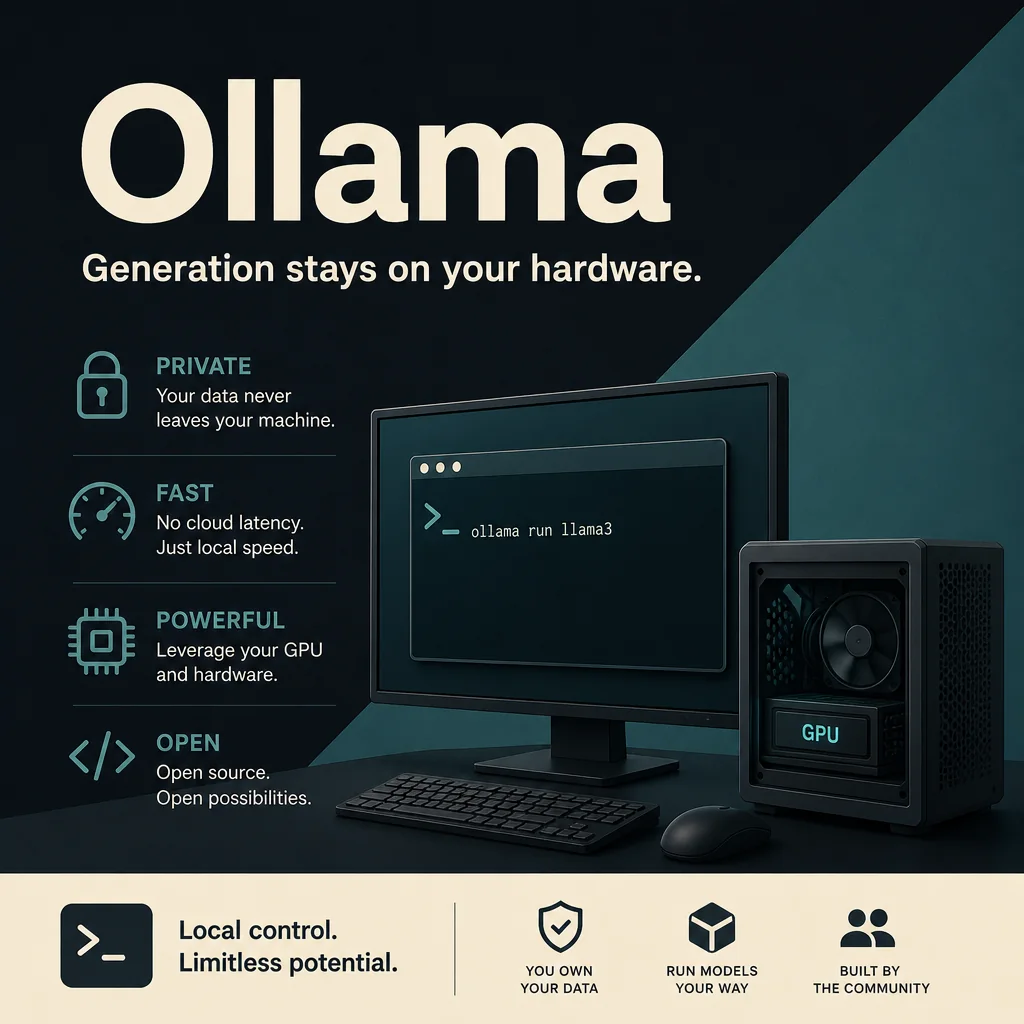 Square feature card: Ollama. Generation stays on your hardware.