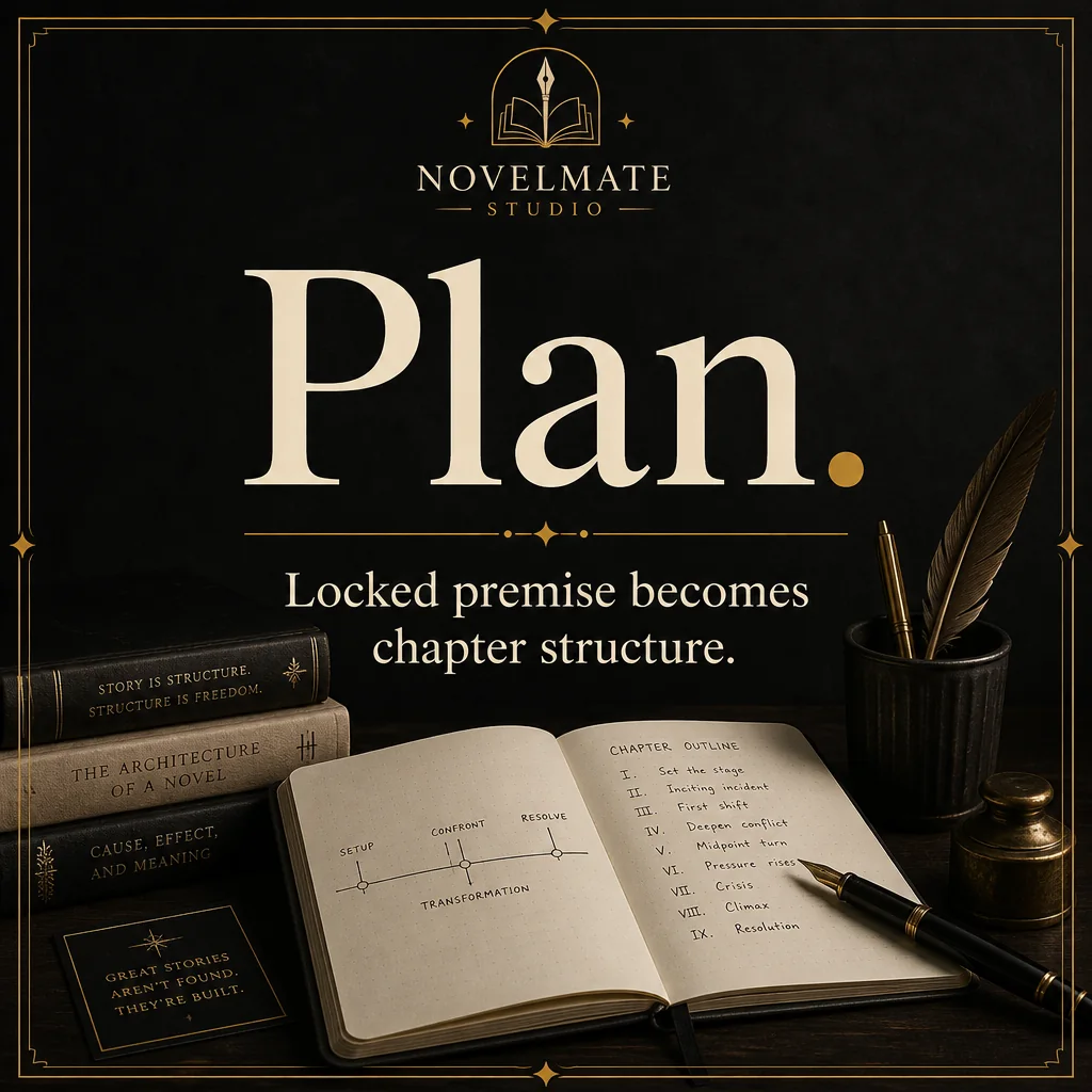 Square feature card: Plan. Locked premise becomes chapter structure.