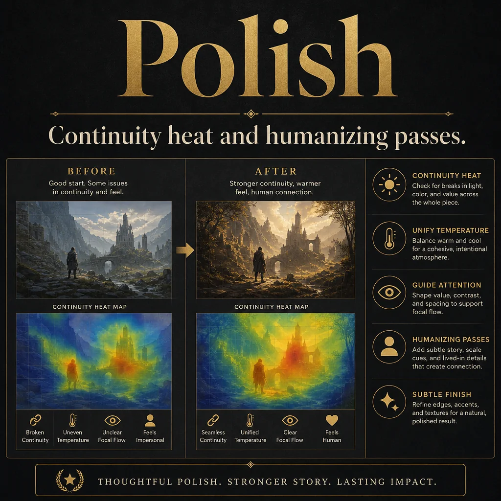 Square feature card: Polish. Continuity heat and humanizing passes.