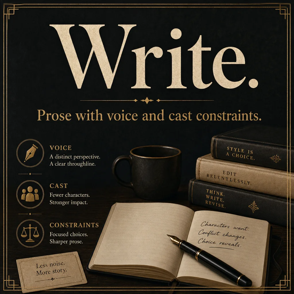 Square feature card: Write. Prose with voice and cast constraints.