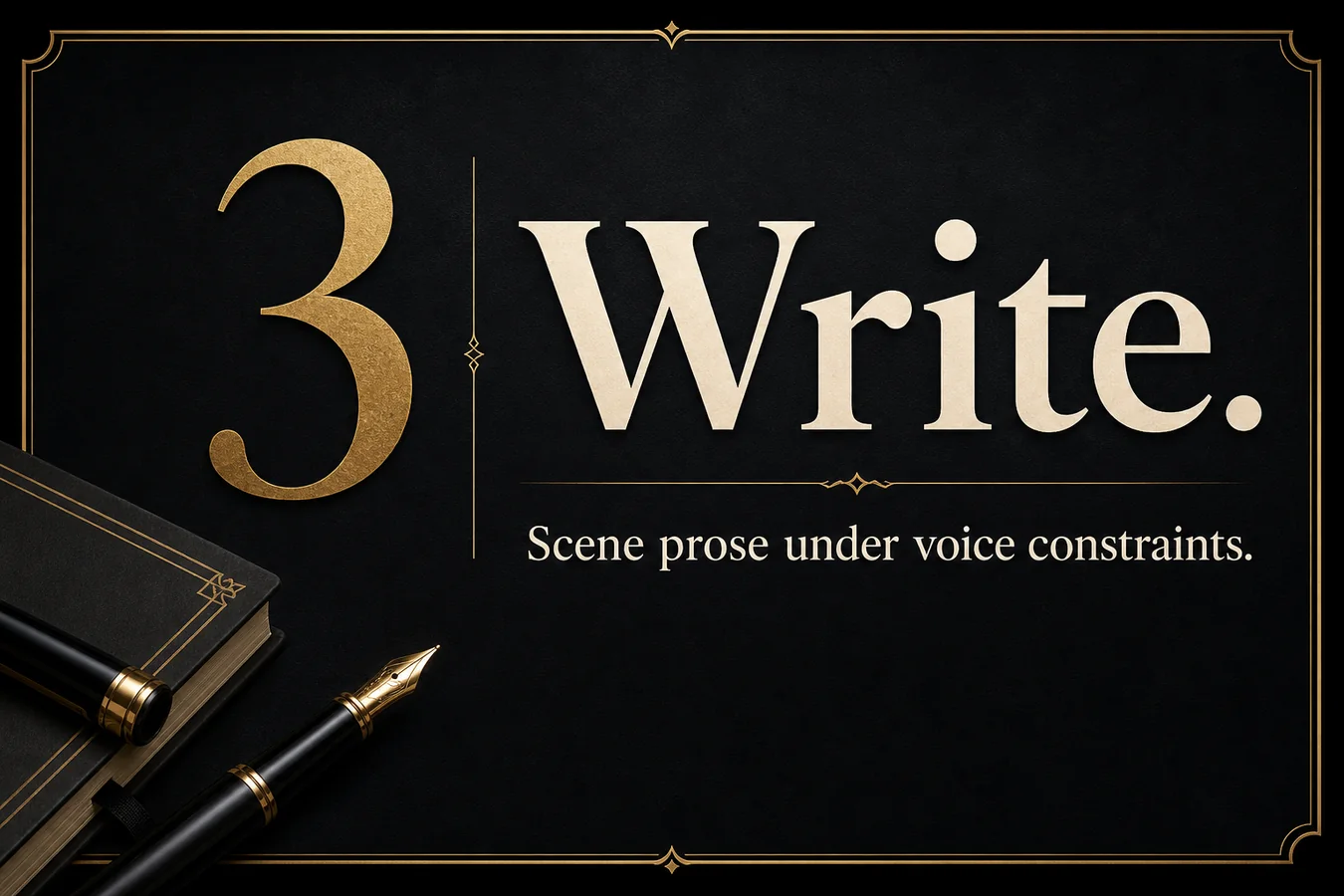 Feature card: 3 Write. Scene prose under voice constraints.