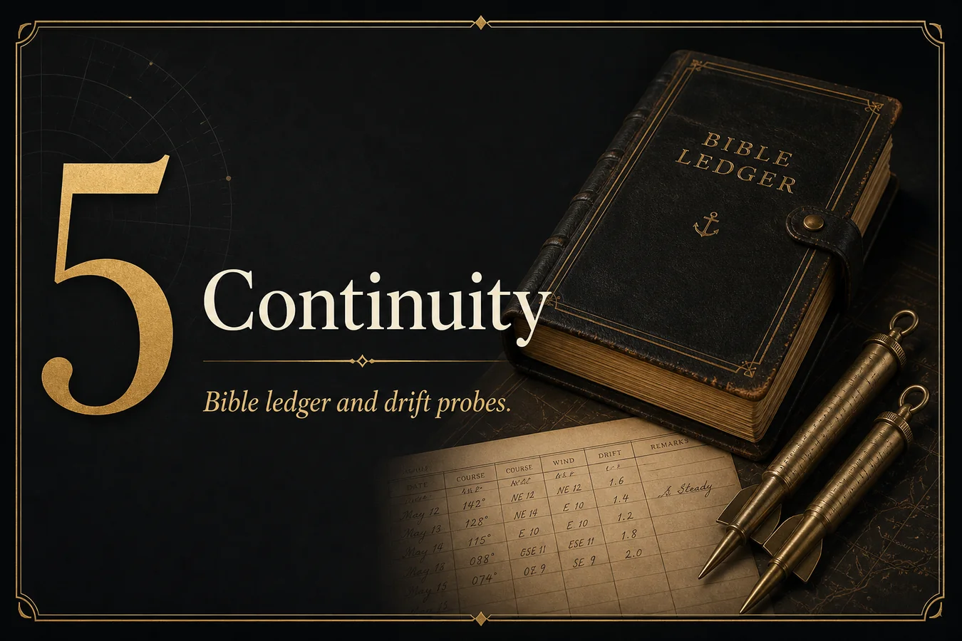Feature card: 5 Continuity. Bible ledger and drift probes.