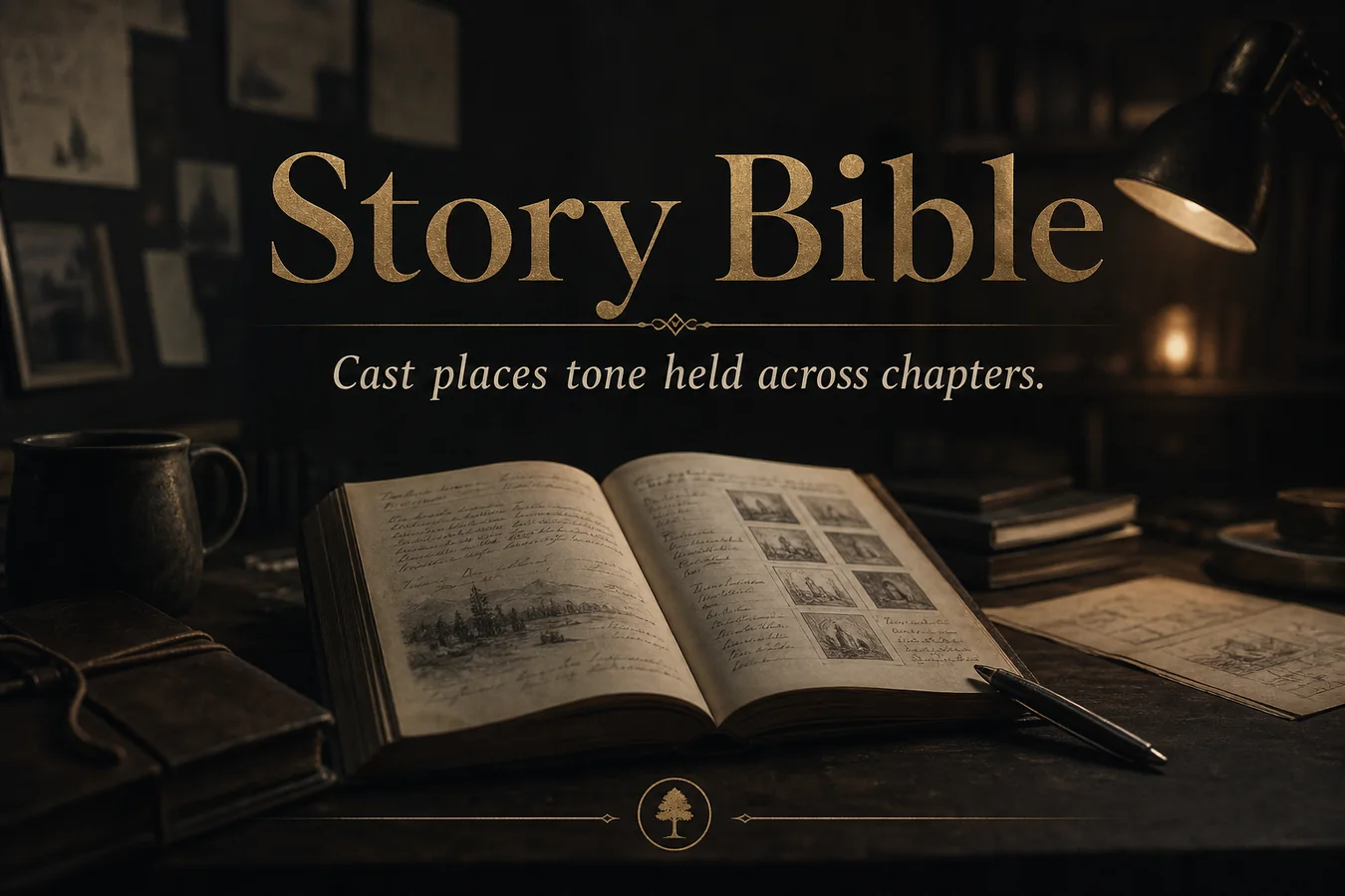 Feature card: Story Bible. Cast places tone held across chapters.