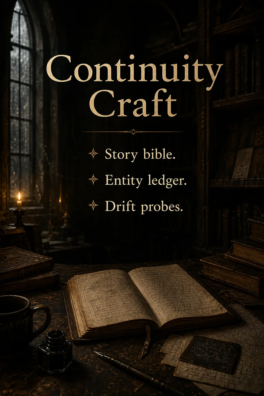 Story feature card: Continuity Craft. Story bible. Entity ledger. Drift probes.
