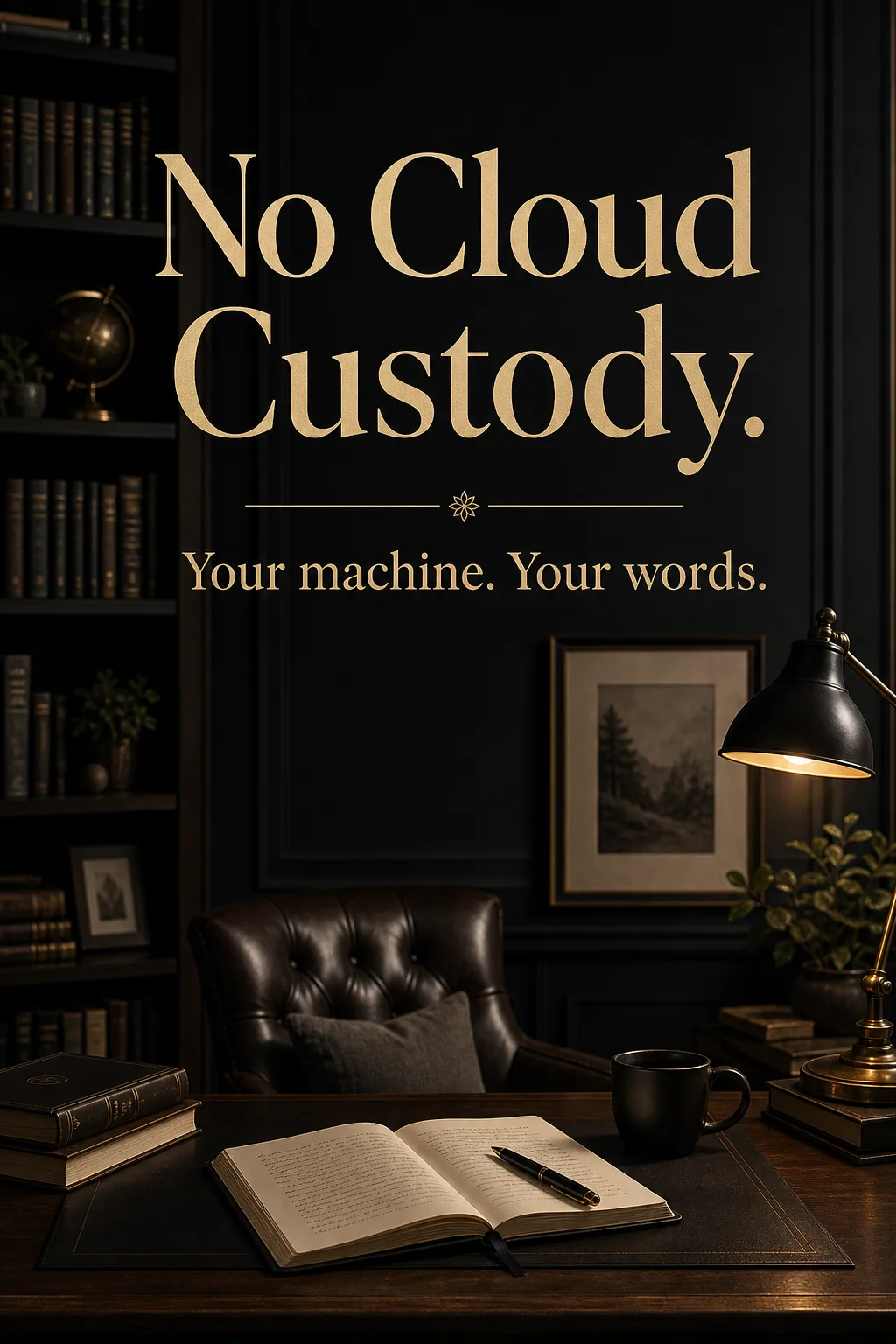 Story feature card: No Cloud Custody. Your machine. Your words.