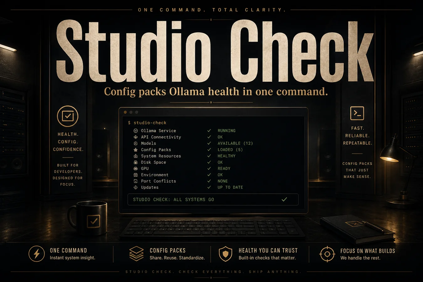 Feature card: Studio Check. Config packs Ollama health in one command.
