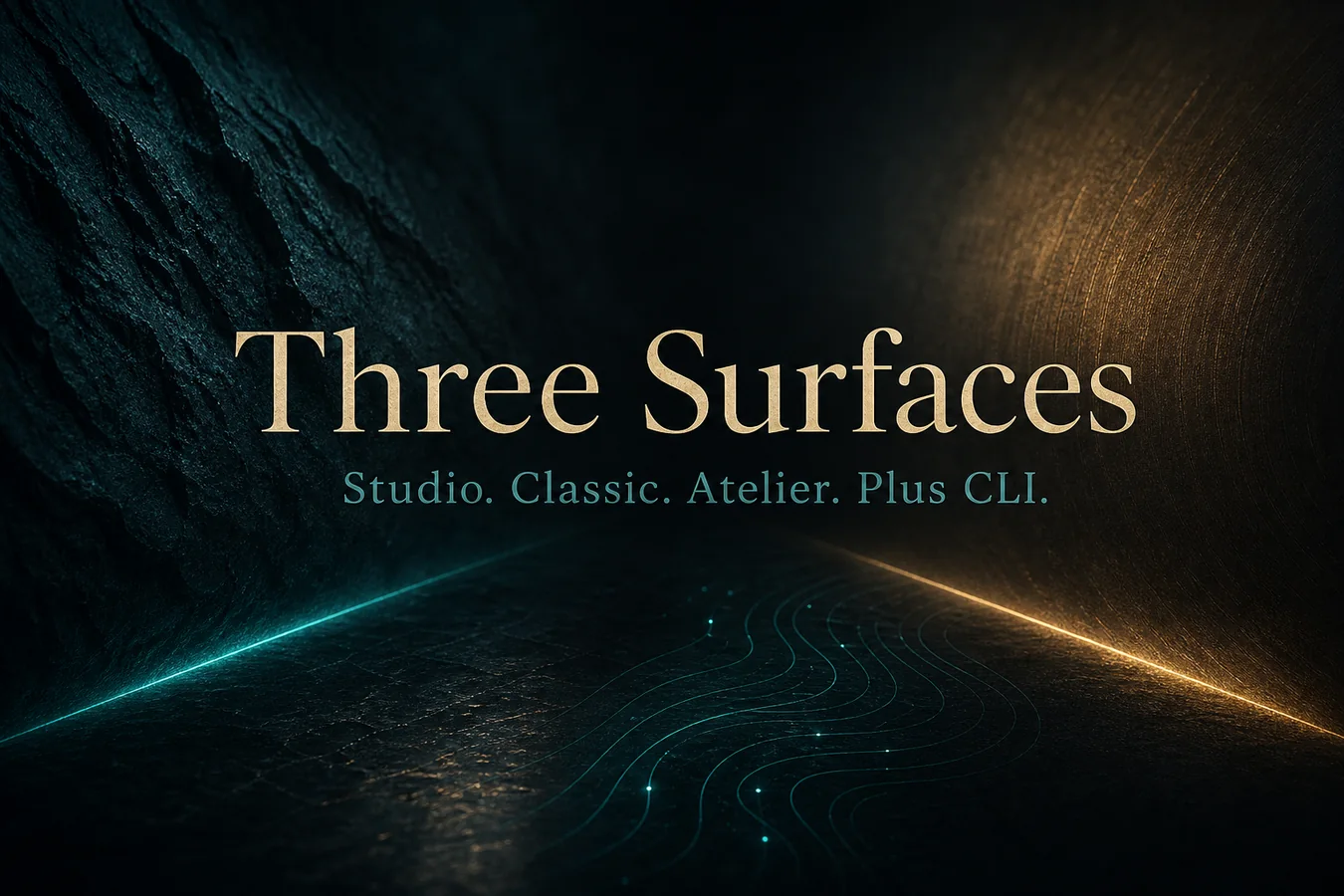 Feature card: Three Surfaces. Studio. Classic. Atelier. Plus CLI.