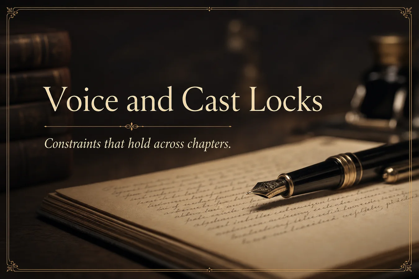 Feature card: Voice and Cast Locks. Constraints that hold across chapters.